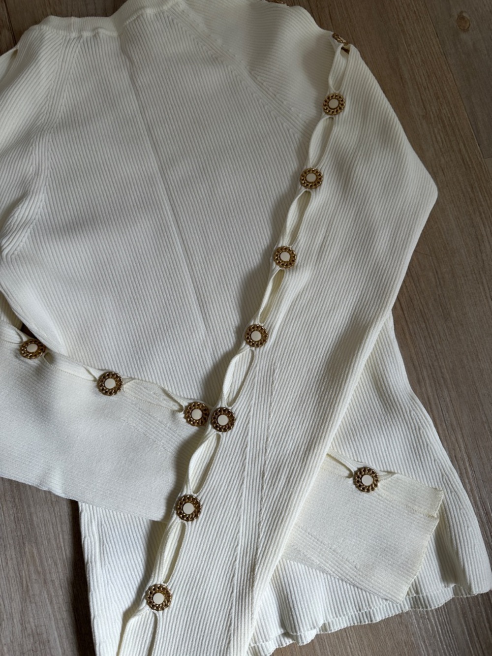 Jonathan Simkhai Ivory Long Sleeve Crewneck Sweater with Button Trim - Picture 5 of 7